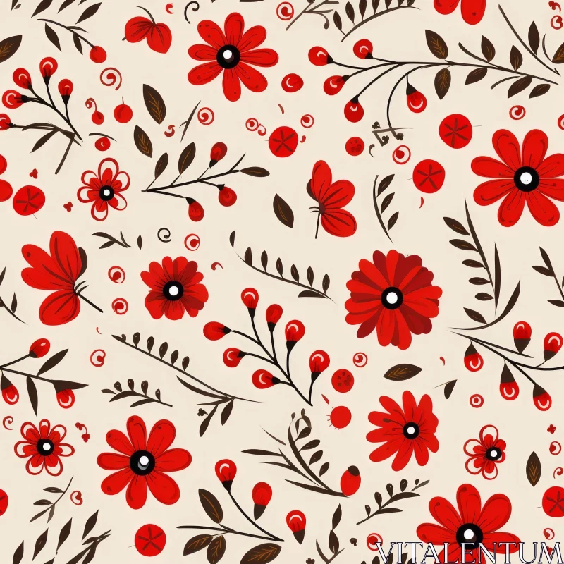 Elegant Floral Pattern with Red and Pink Flowers on Beige Background AI Image