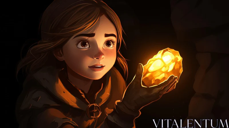 Enchanting Digital Painting of Young Girl with Glowing Crystal AI Image