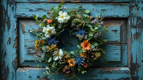 Floral Wreath on Blue Wooden Door