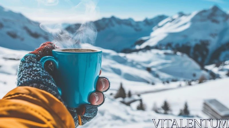 AI ART Hand Holding Blue Cup in Snowy Mountains