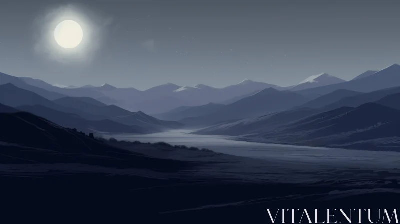Moonlit Mountain Valley Serenity AI Image