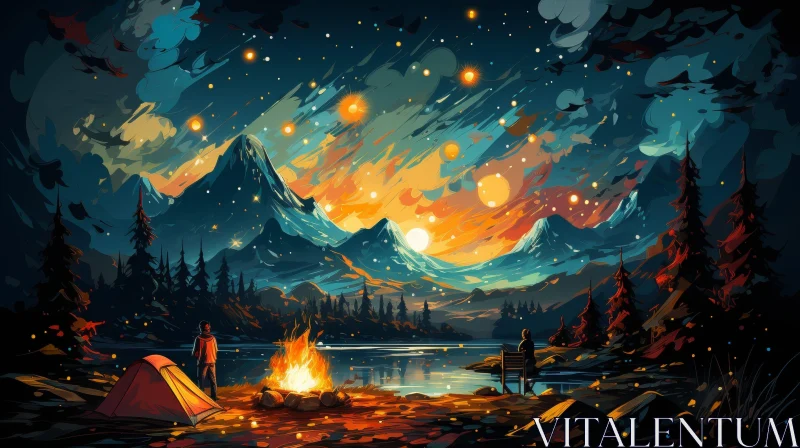 Night Sky Landscape Painting with Moon and Campers AI Image