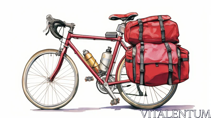 Red Touring Bicycle with Panniers for Camping Adventure AI Image
