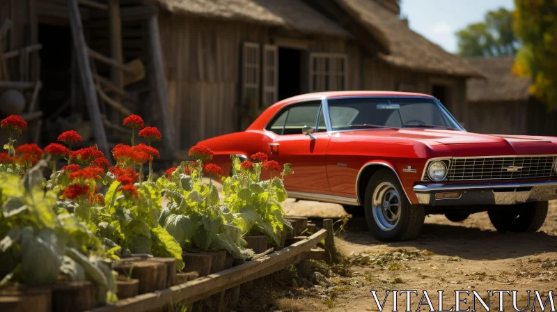 Rustic Scene: Red Chevrolet Impala Parked in Front of Wooden House AI Image