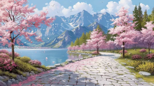 Serene Mountain Lake Landscape with Cherry Blossoms in Spring