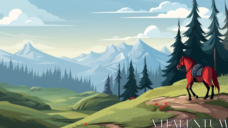 Serene Mountain Landscape with Red Horse - Vector Illustration AI Image