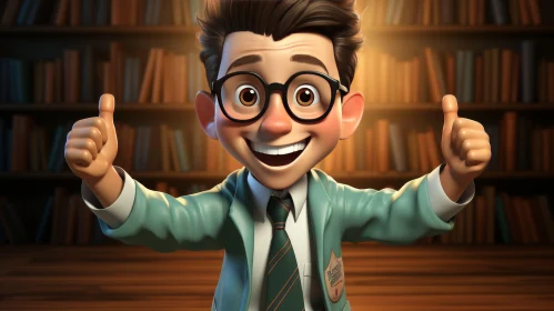 Smiling Boy in Green Suit at Library