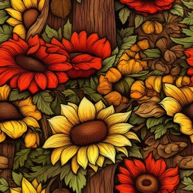 Sunflowers and Leaves Seamless Pattern on Wood Grain Background