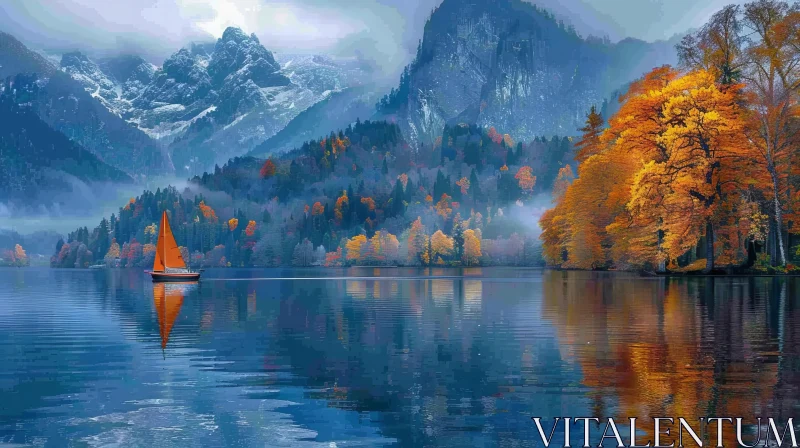 Tranquil Lake and Mountain Landscape in Fall AI Image