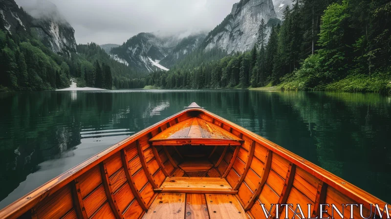 Tranquil Wooden Boat on Calm Lake AI Image