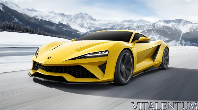 Yellow Sports Car Driving on Snowy Road AI Image
