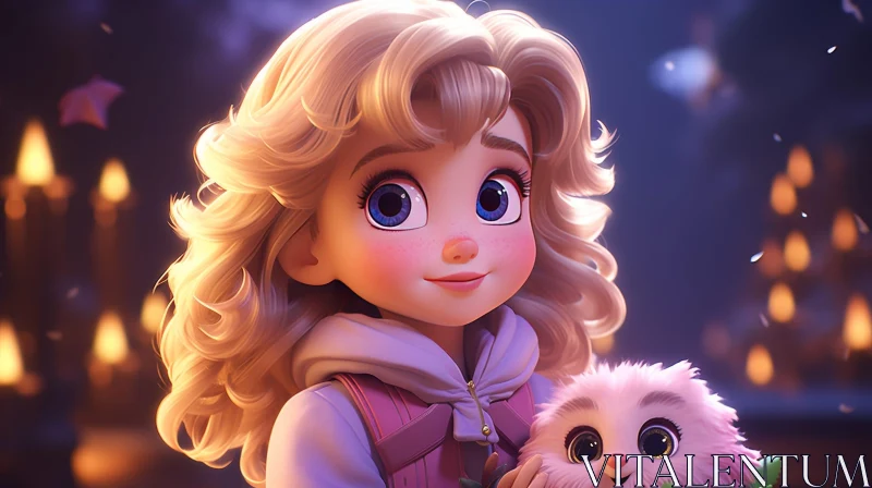 Charming Cartoon of a Young Girl with a Small Creature AI Image