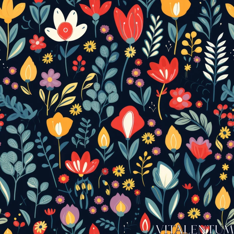 Colorful Floral Seamless Pattern on Dark Blue Background AI Image