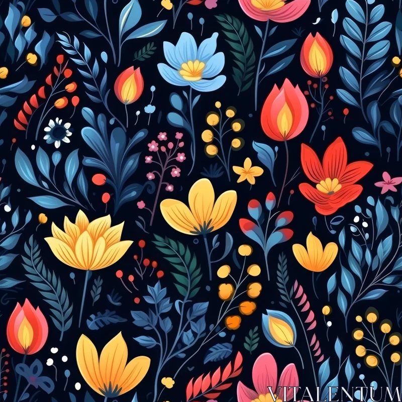 Dark Blue Floral Pattern - Colorful Flowers and Berries Design AI Image