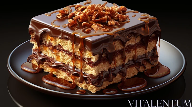 Decadent Chocolate Cake with Caramel Sauce and Nuts AI Image