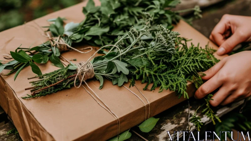 Delicate Herb Arrangement on Brown Paper | Rustic Still Life AI Image
