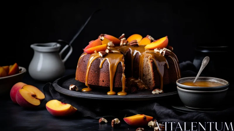 Delicious Bundt Cake with Peaches and Caramel Sauce AI Image