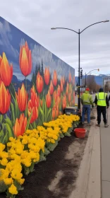 Detailed Tulip Mural in Urban Landscape