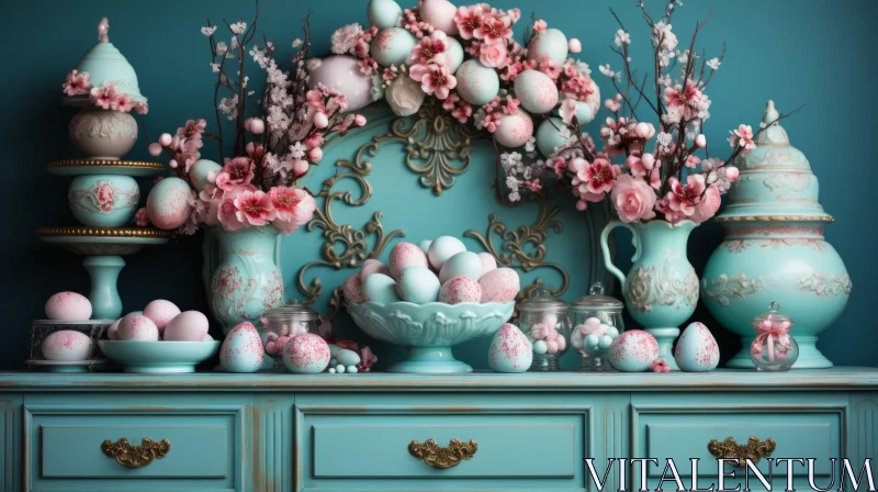 Easter Cabinet Display with Floral and Egg Elements AI Image