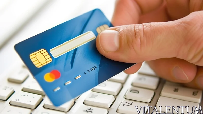 Elegant Blue Credit Card Above White Keyboard AI Image