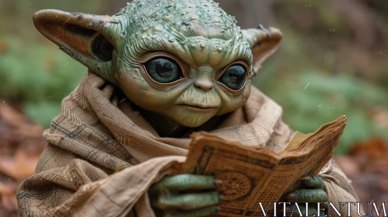 Enchanting Forest Encounter: Green Creature Reading a Book AI Image