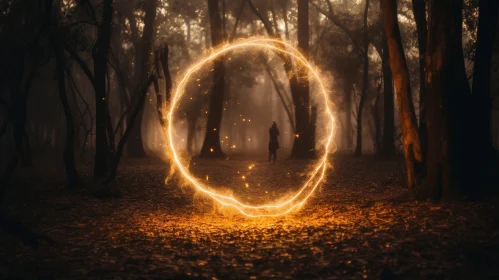 Enigmatic Forest Fire Circle with Woman