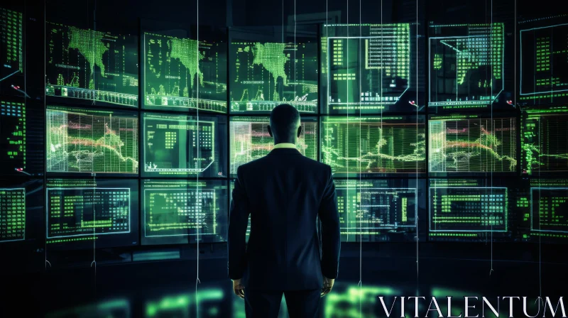 Enigmatic Man in Black Suit at Video Wall AI Image