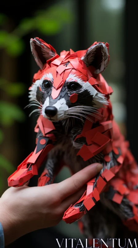 Handcrafted Red Raccoon Paper Sculpture - An Artistic Tribute to Wildlife AI Image