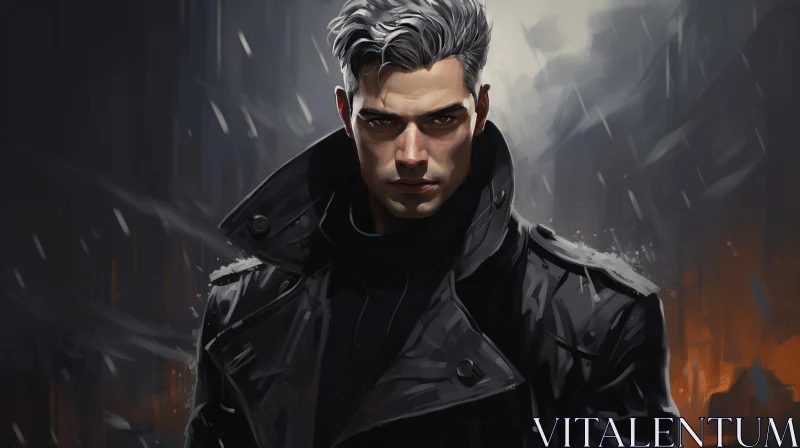 Intense Man Portrait in Black Leather Jacket AI Image