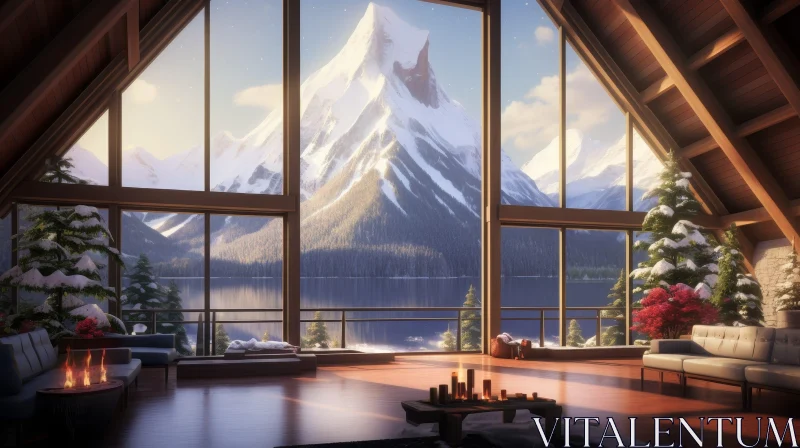 Mountain Lake Retreat - Cozy Living Room View AI Image