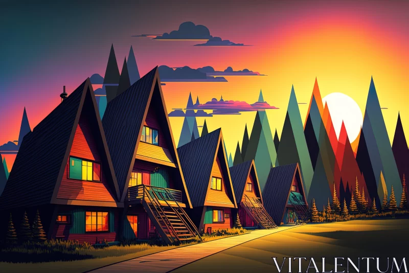 Pixelated Illustration of Houses at Sunset | Psychedelic Realism AI Image