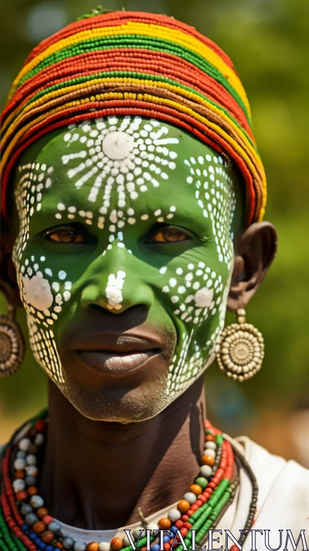 Serious Portrait of a Man with Face Paint and Traditional Attire AI Image