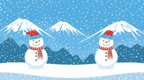 Snowmen Cartoon in Winter Landscape