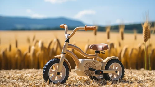 Wooden Balance Bike in Golden Wheat Field