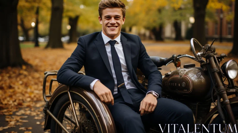 Young Man on Vintage Motorcycle in Park AI Image