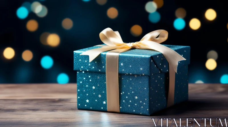Blue Gift Box on Wooden Table - Stock Photo AI Image