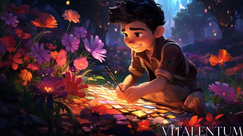 Boy Painting in Field of Flowers AI Image
