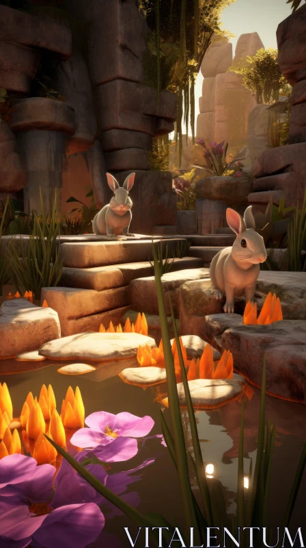 Charming Bunnies in a Mushroom-Filled, Immersive Environment AI Image