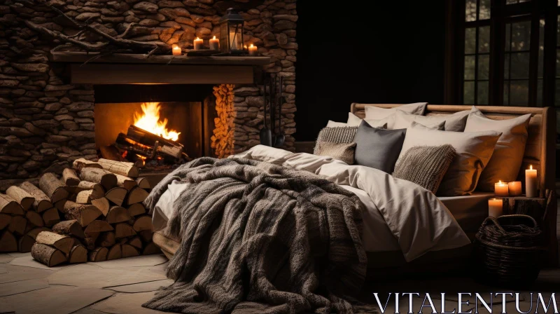 AI ART Cozy Bedroom with Fireplace - Warmth and Comfort