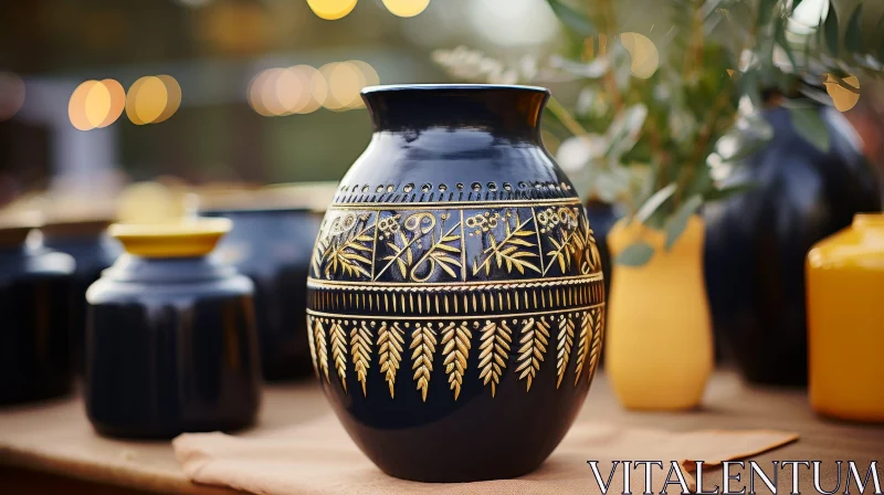 AI ART Elegant Black Vase with Golden Pattern on Wooden Table