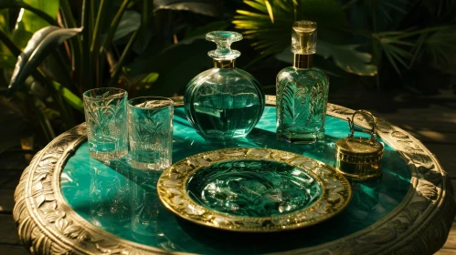 Exquisite Still Life: Table Setting with Glasses, Decanters, Plate, and Box