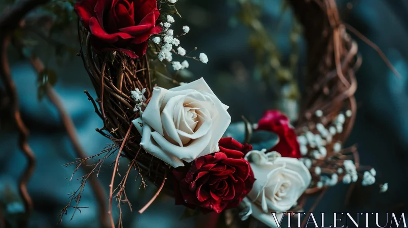 Floral Wreath: Dark Red and Creamy White Roses with Baby's Breath Flowers AI Image