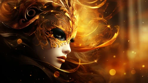 Golden Mask Portrait - Enigmatic Woman in Surreal Setting