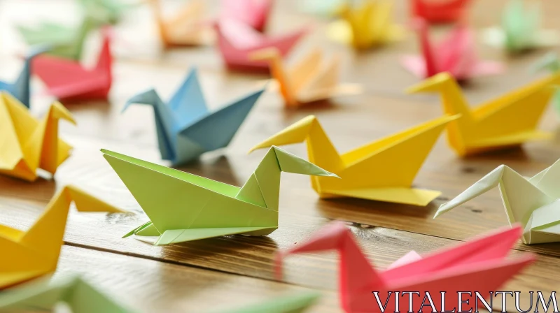 Origami Birds on Wooden Surface | Colorful Paper Art AI Image