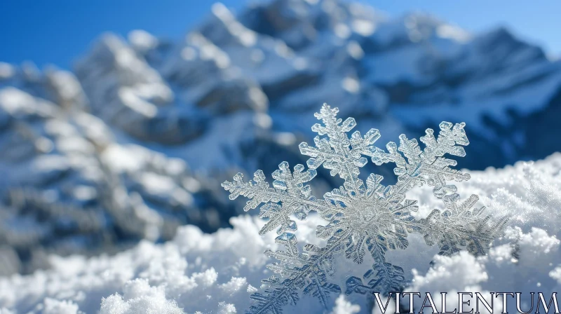 Snowflake Close-Up with Snow-Covered Mountains AI Image