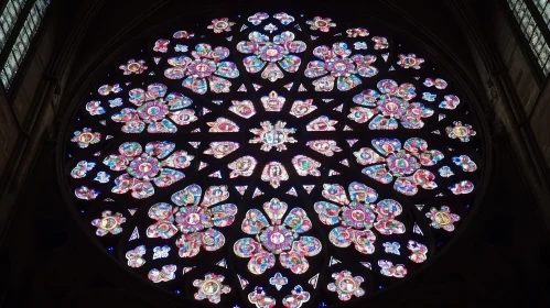 Stained Glass Rose Window in Gothic Cathedral - Geometric Design with Floral Motifs