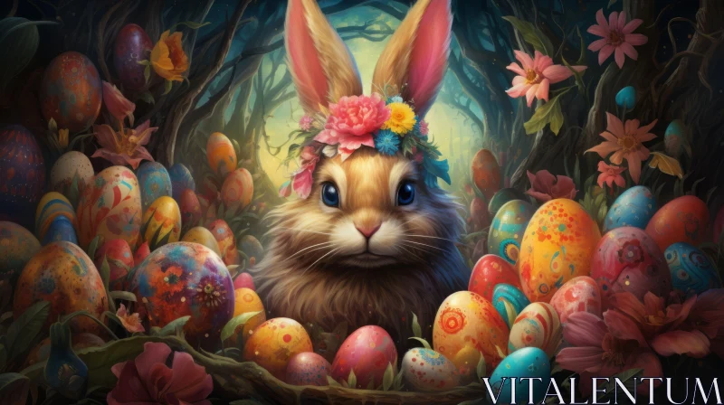 Victorian-Style Easter Bunny Amidst Floral Forest AI Image