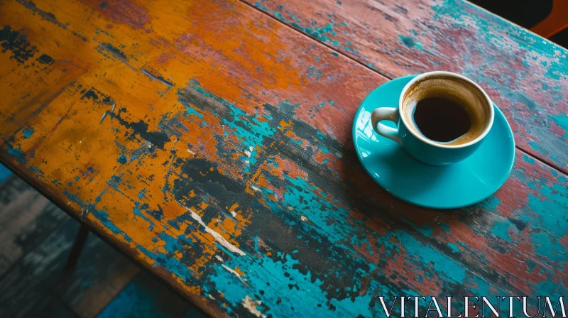 Blue Coffee Cup and Saucer on Painted Wooden Table AI Image