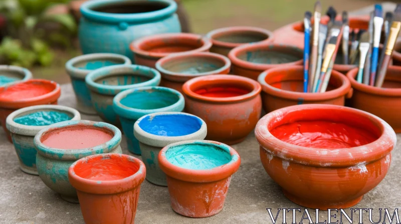 Captivating Composition of Clay Pots and Paintbrushes on Stone Surface AI Image