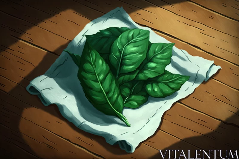 Captivating Spinach Leaves Artwork on Wooden Table | Hidden Details & Intense Shading AI Image